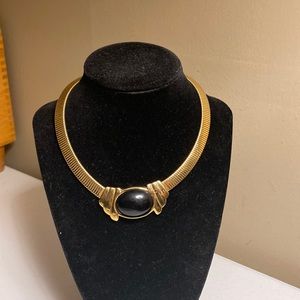 Trifari Gold Tone Faux Onyx Choker Necklace